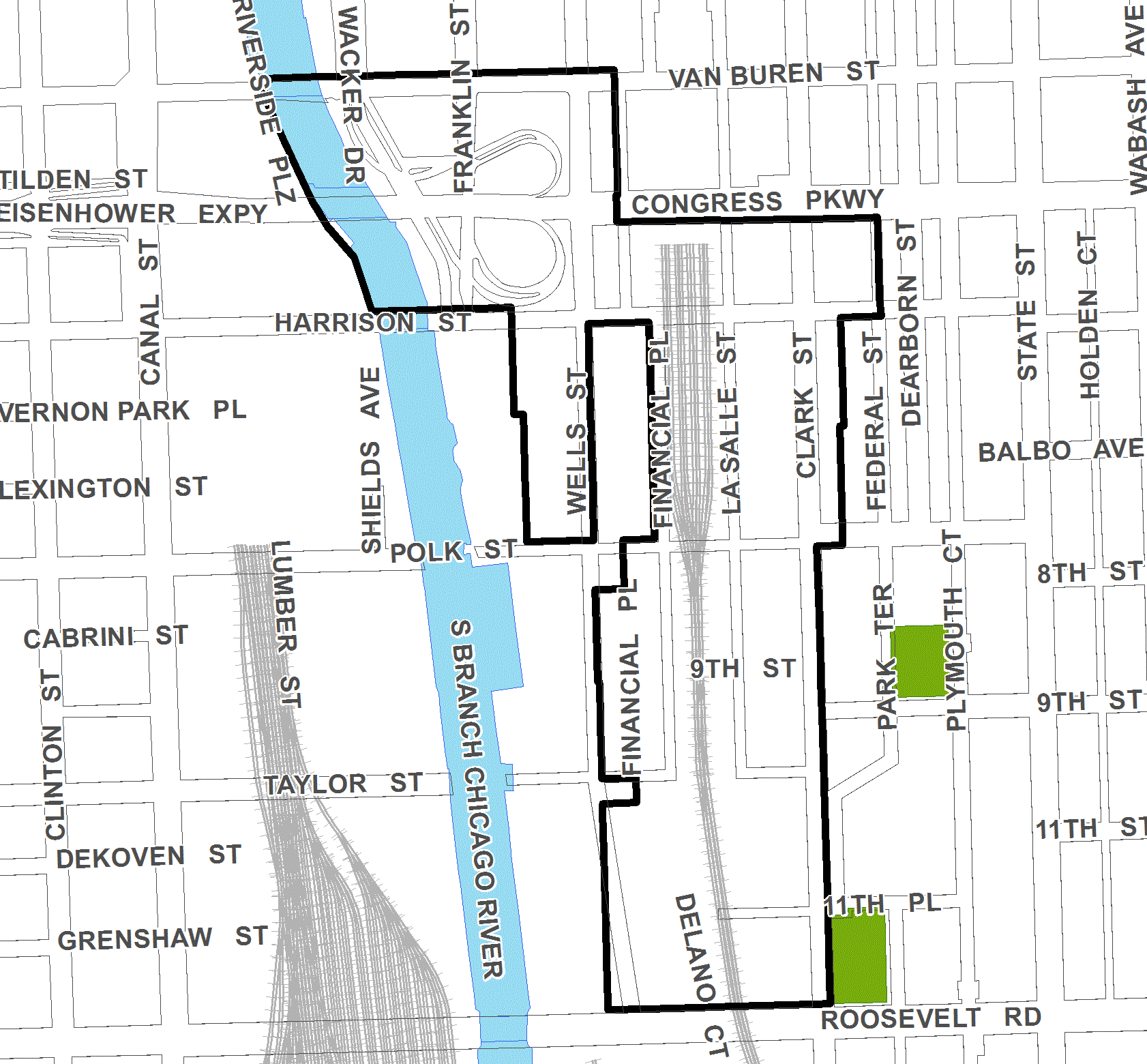 River South TIF district map, roughly bounded on the north by Van Buren Street, Cullerton Street on the south, State Street on the east, and the Chicago River on the west.